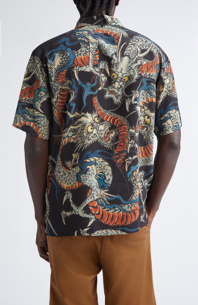 ENDLESS JOY Tiga Naga Silk Crepe Camp Shirt, Alternate, color, Black Multi