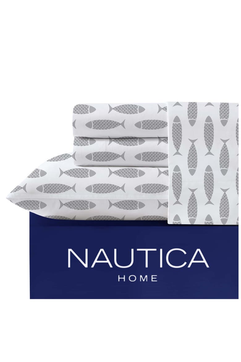 Woodblock Fish Cotton Percale Sheet Set, Alternate, color, GREY