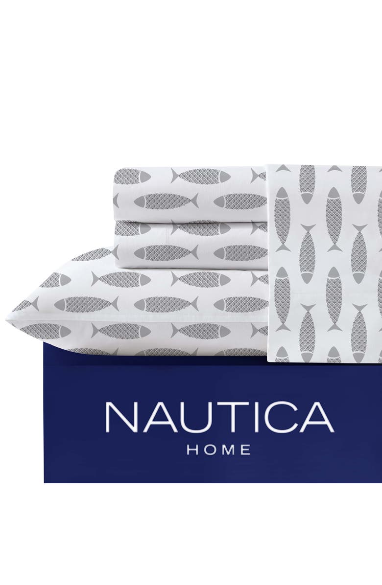Nautica Woodblock Fish Cotton Percale Sheet Set, Alternate, color, Grey