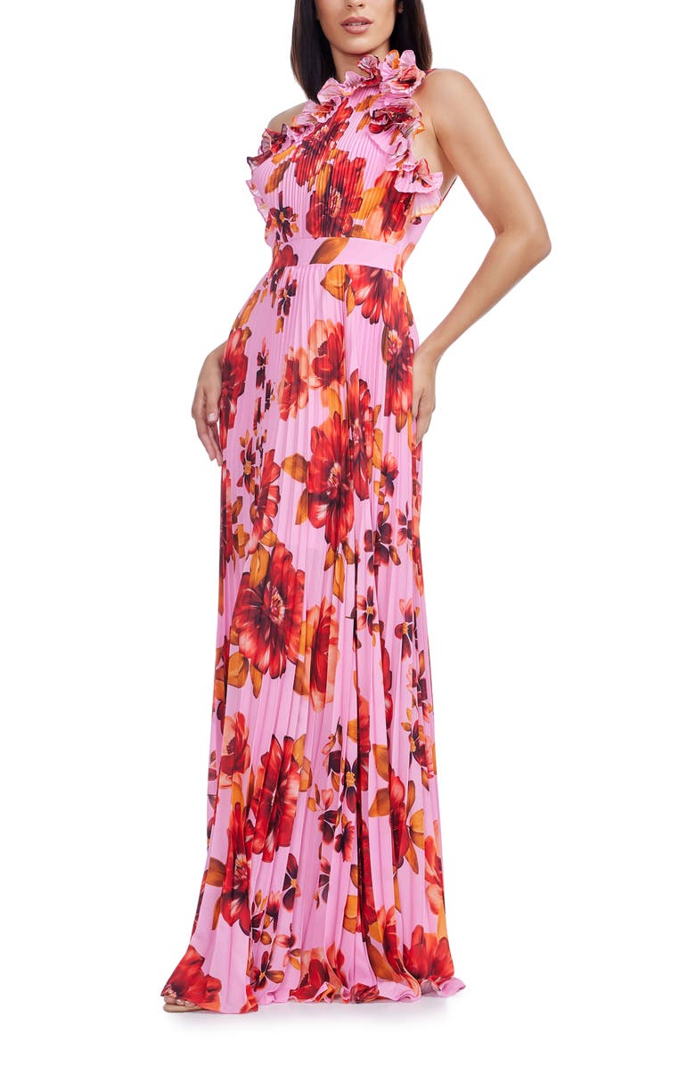 Dress the Population Vida Ruffle & Pleat Evening Gown, Alternate, color, Bright Rose