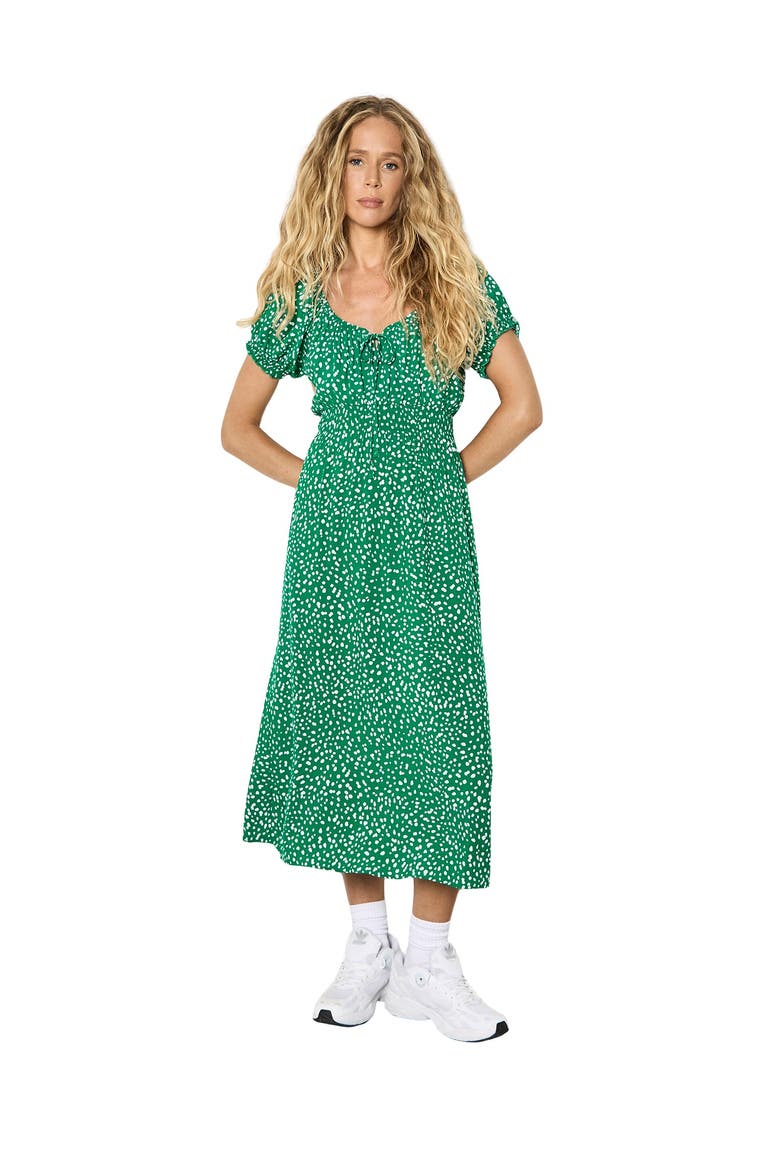 Milkmaid Midi Spot Printed Dress, Main, color, Green
