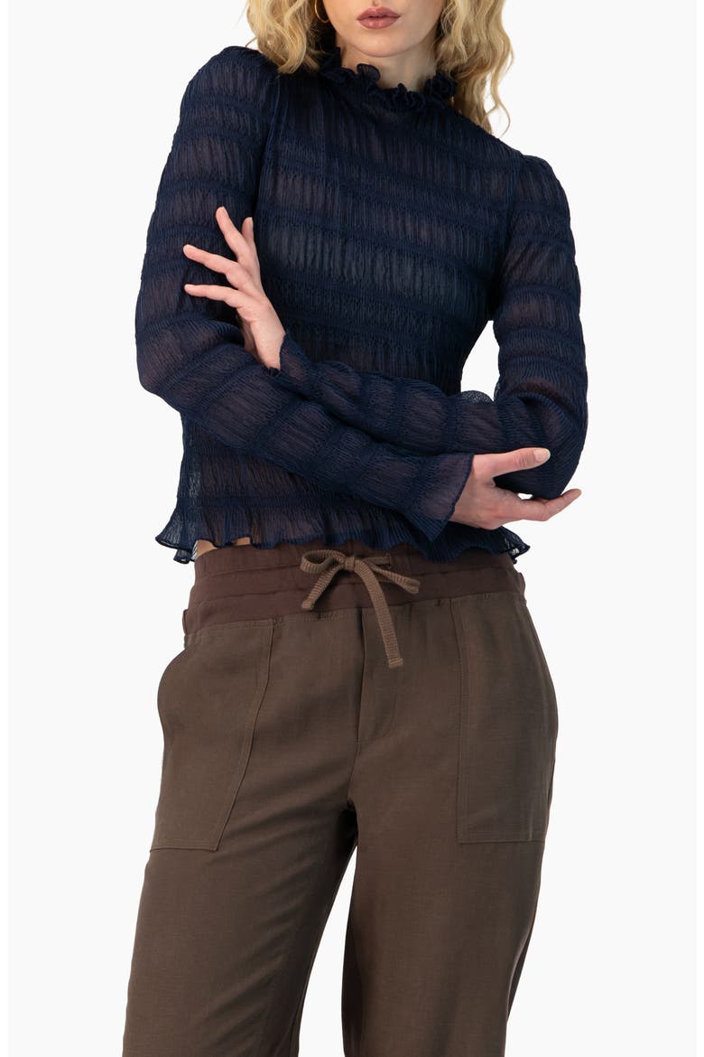 See-Through Long Sleeve High Neck Blouse, Main, color, Navy Blue