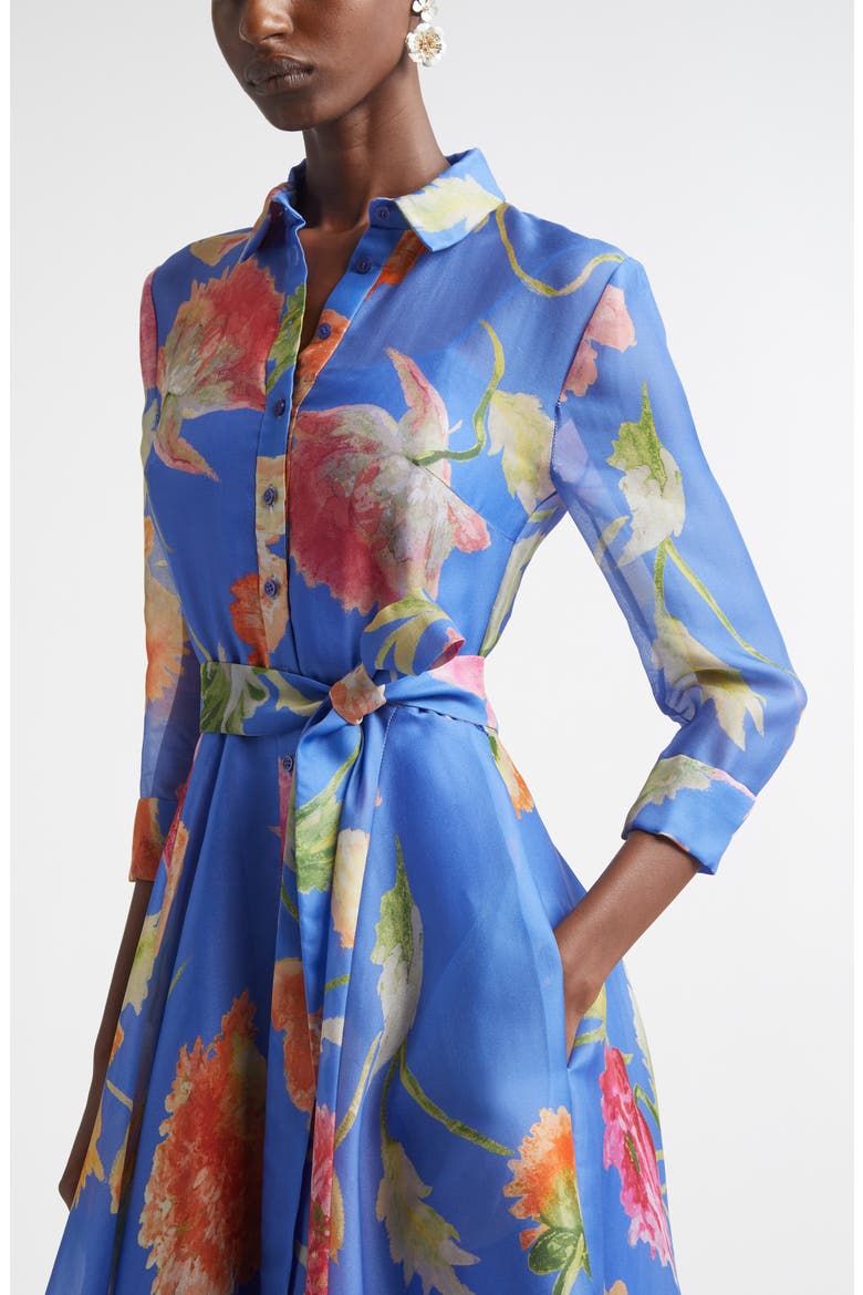 Poppy Print Belted Silk Organza Gown, Alternate, color, BLUEBELL MULTI