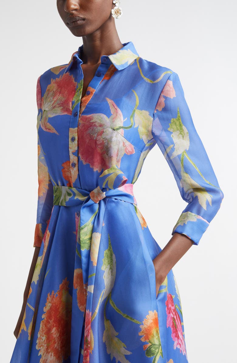 Carolina Herrera Poppy Print Belted Silk Organza Gown, Alternate, color, Bluebell Multi