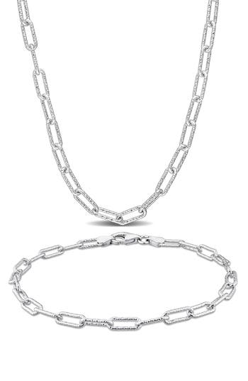 Delmar Paper Clip Oval Link Chain Necklace & Bracelet Set, 3.5mm In Silver