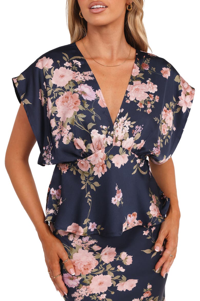 Ricki Floral Print Dolman Sleeve Satin Top, Main, color, NAVY FLORAL