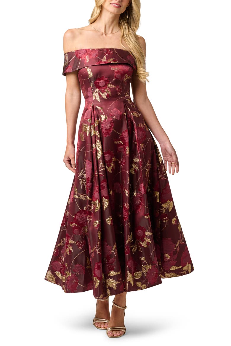 Off the Shoulder Fit & Flare Cocktail Dress, Main, color, BURGUNDY/ GOLD