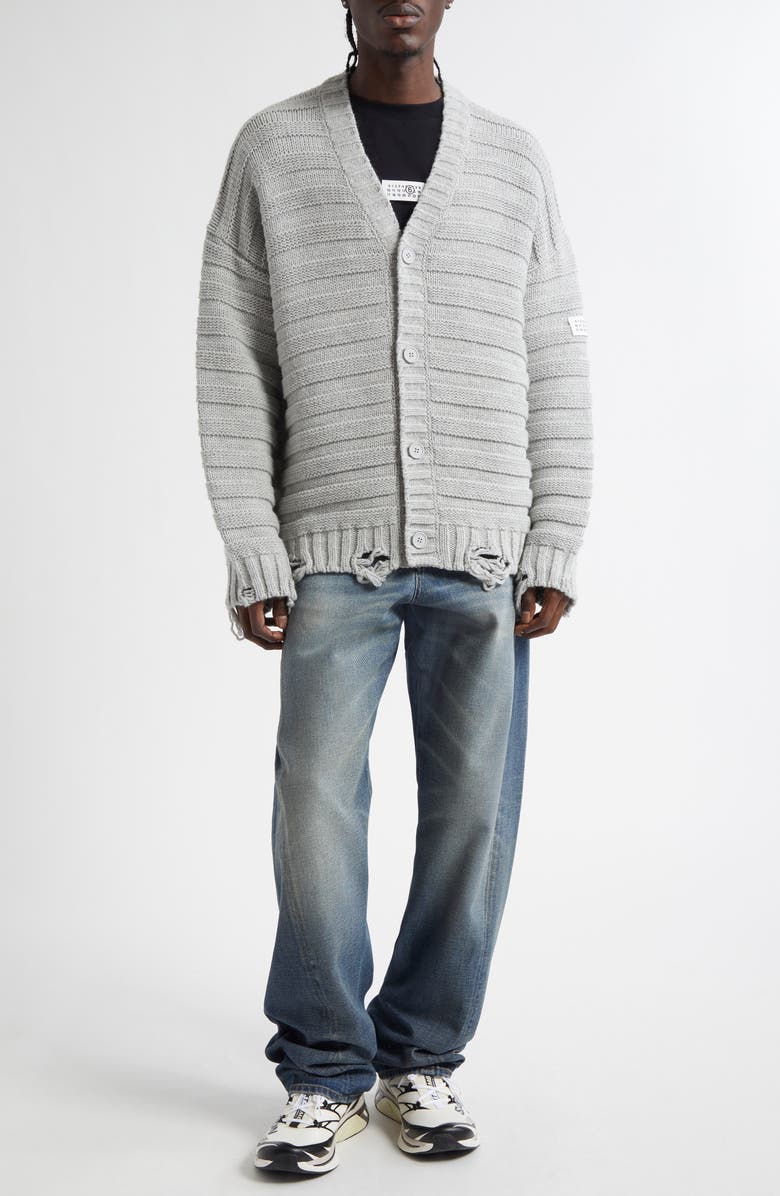 MM6 Maison Margiela Distressed Virgin Wool Blend V-Neck Cardigan, Alternate, color, Light Grey Melange
