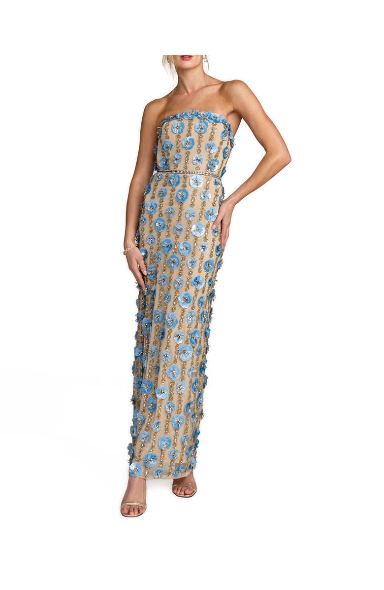 Mac Duggal Beaded Sequin Mesh Strapless Ankle Dress, Main, color, Nude Blue