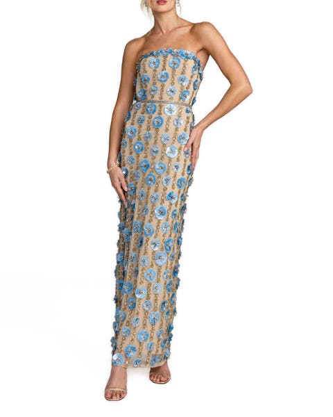 Beaded Sequin Mesh Strapless Ankle Dress