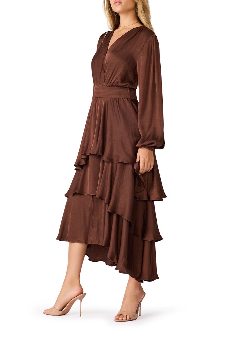 Bei Long Sleeve Tiered Satin Midi Dress, Alternate, color, SHAVED CHOCOLATE