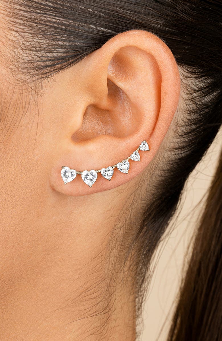 Sterling Forever Jillian Cubic Zirconia Heart Ear Climbers, Alternate, color, Silver