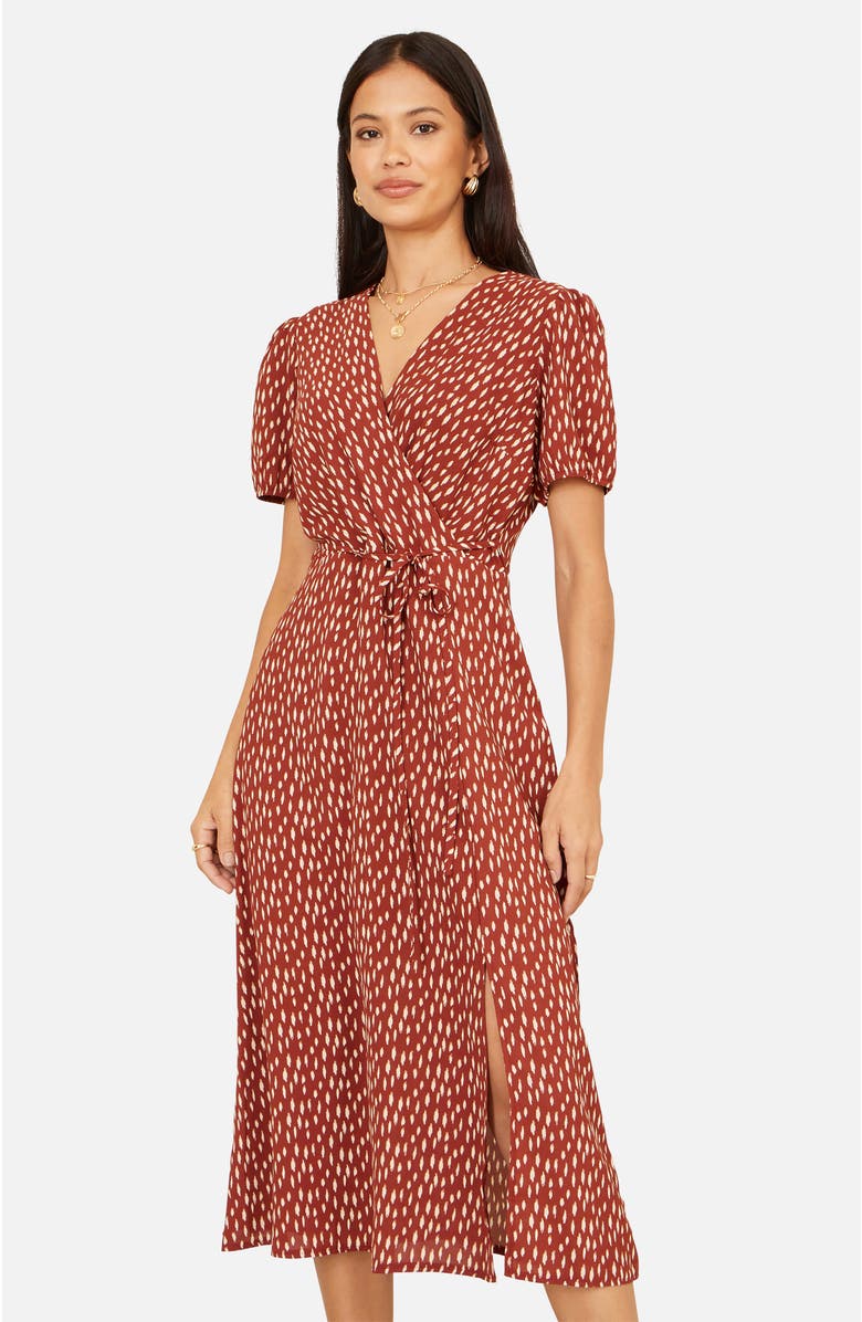 Yumi Spot Wrap Midi Dress, Alternate, color, Brown