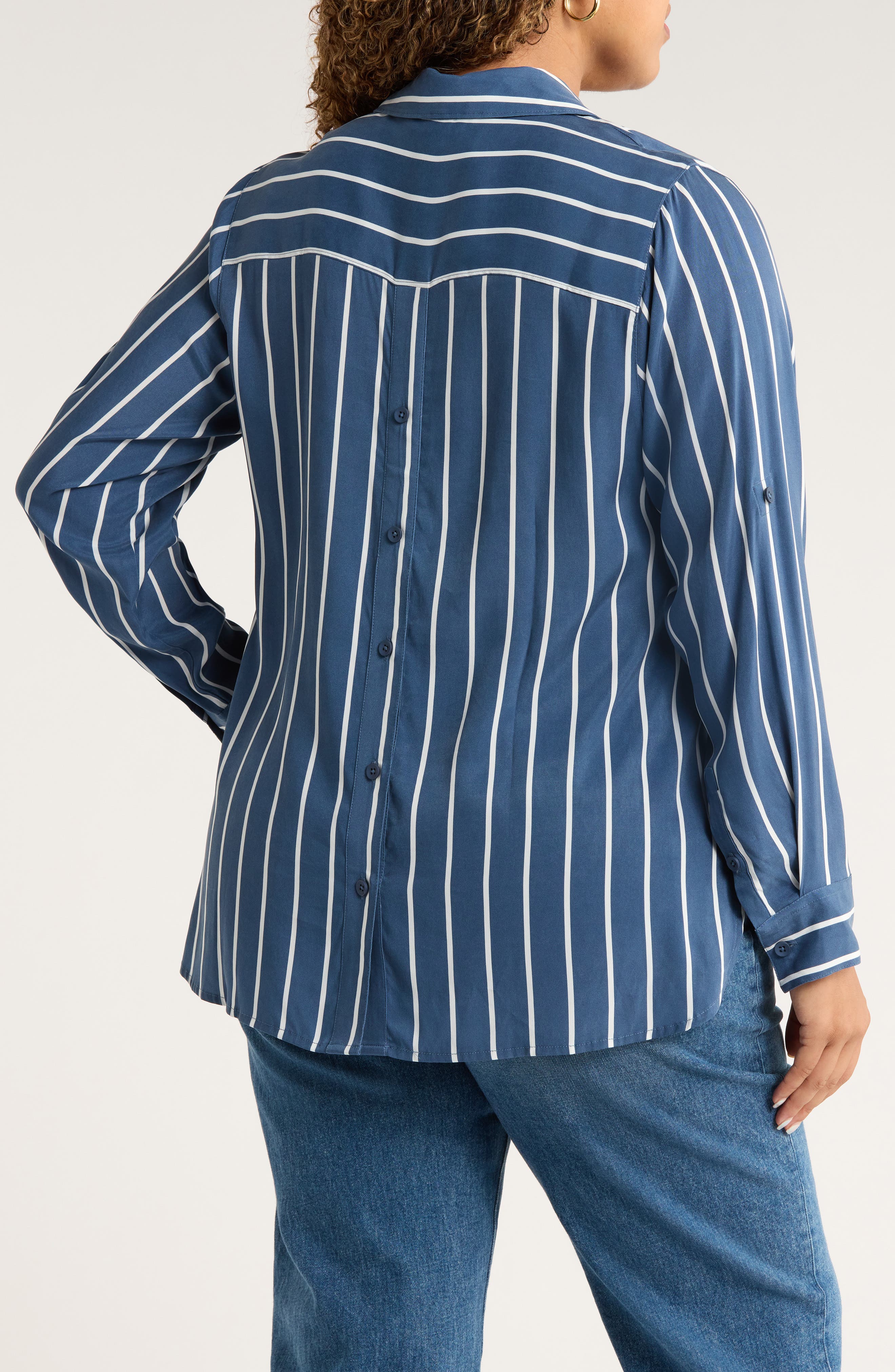 Button Back Stripe Johnny Collar Popover Shirt - image 2
