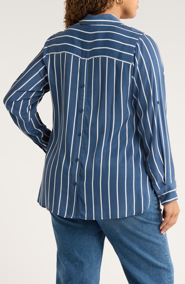 Universal Standard Button Back Stripe Johnny Collar Popover Shirt, Alternate, color, Ensign Blue Stripe
