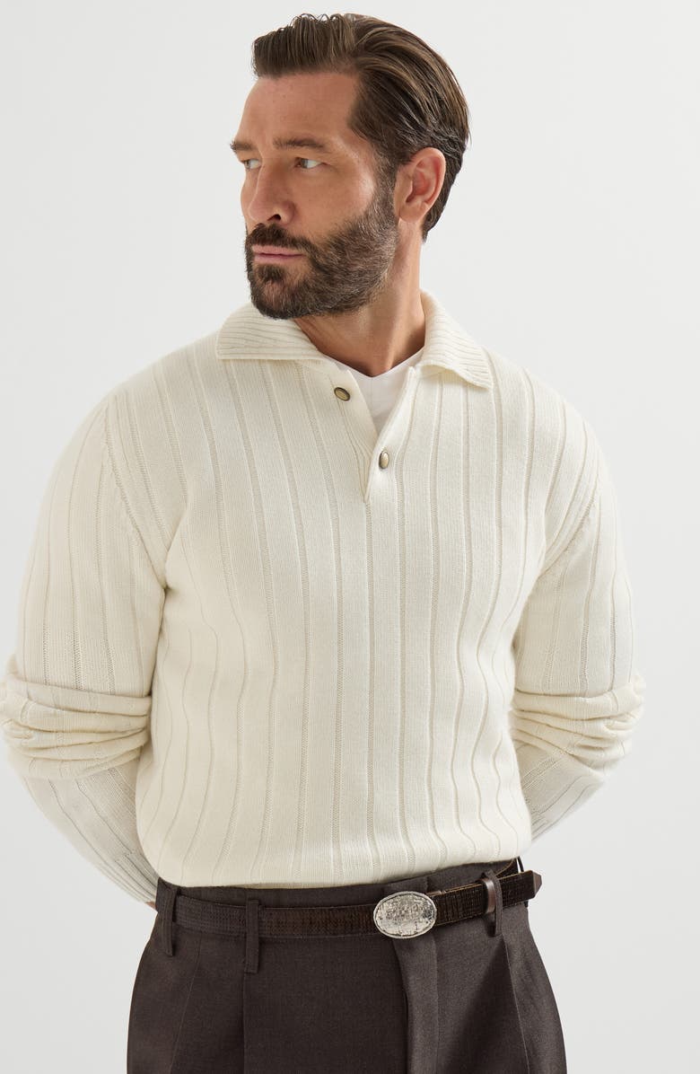 Brunello Cucinelli Cashmere ribbed knit polo, Alternate, color, Panama