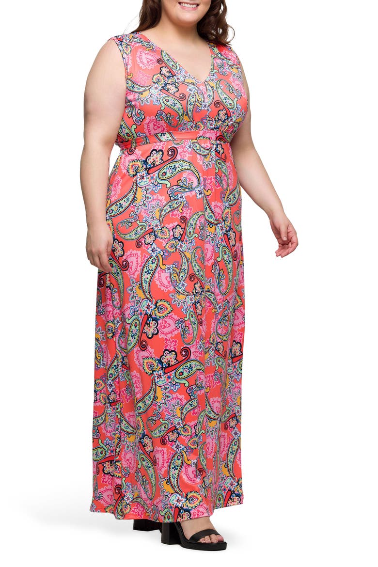 V-Neck Sleeveless Maxi Dress, Alternate, color, CORAL MULTI