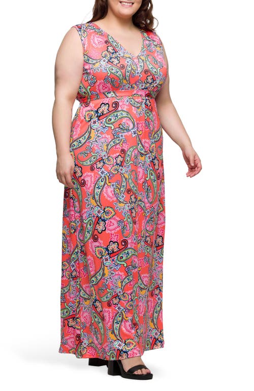 24seven Comfort Apparel Plus Size Print V-neck Empire Waist Sleeveless Maxi Dress In Coral Multi