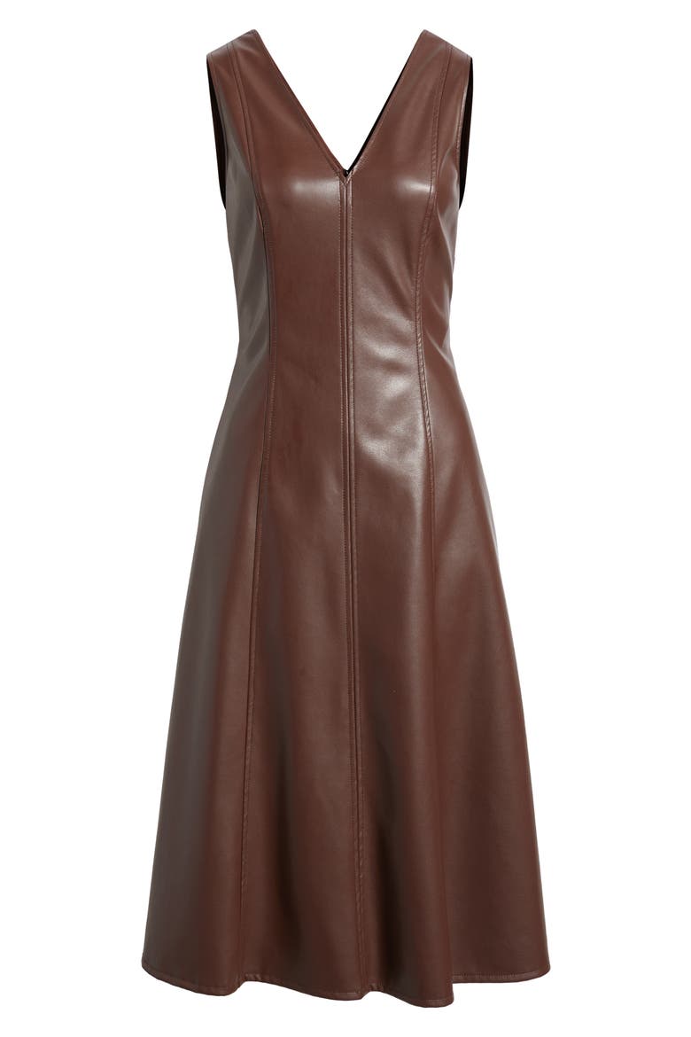 V-Neck Faux Leather Fit & Flare Midi Dress, Alternate, color, FRENCH ROAST