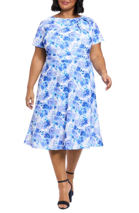 Floral Tie Neck Short Sleeve Fit & Flare Midi Dress (Plus)
