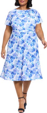 London Times Floral Tie Neck Short Sleeve Fit & Flare Midi Dress