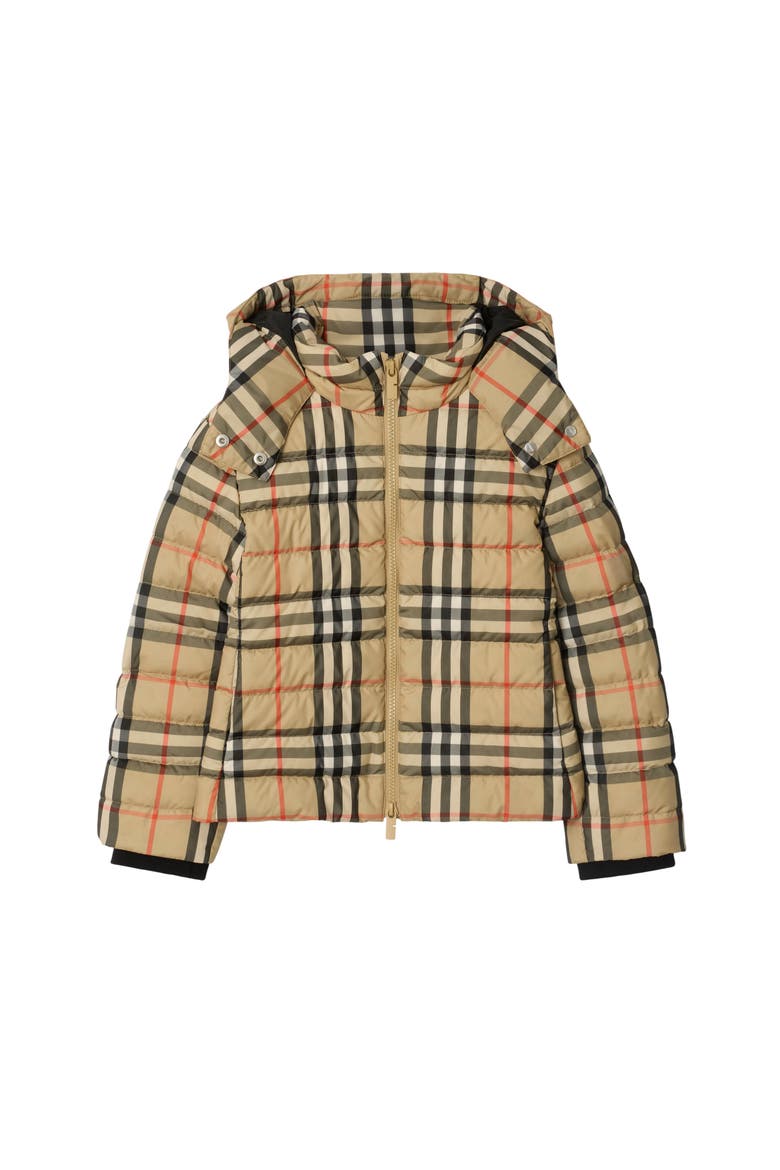 Check Hooded Puffer Jacket, Main, color, Sand beige
