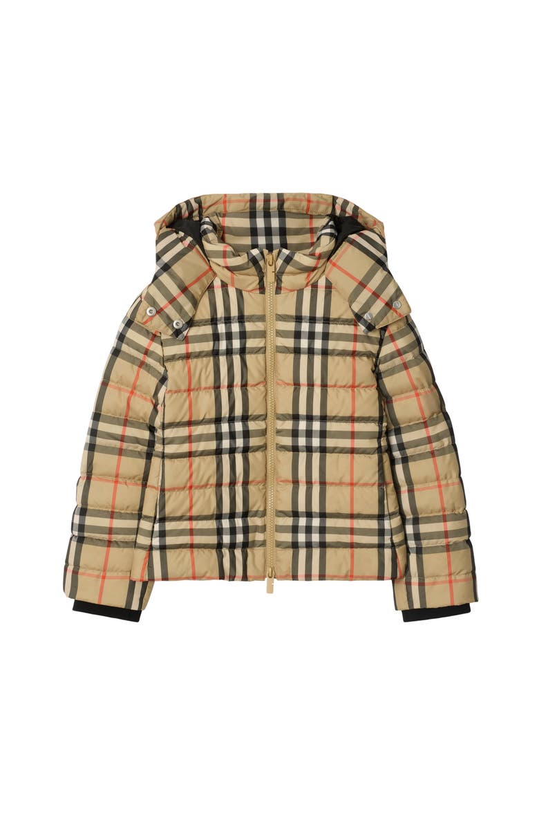 Burberry Check Hooded Puffer Jacket, Main, color, Sand Beige