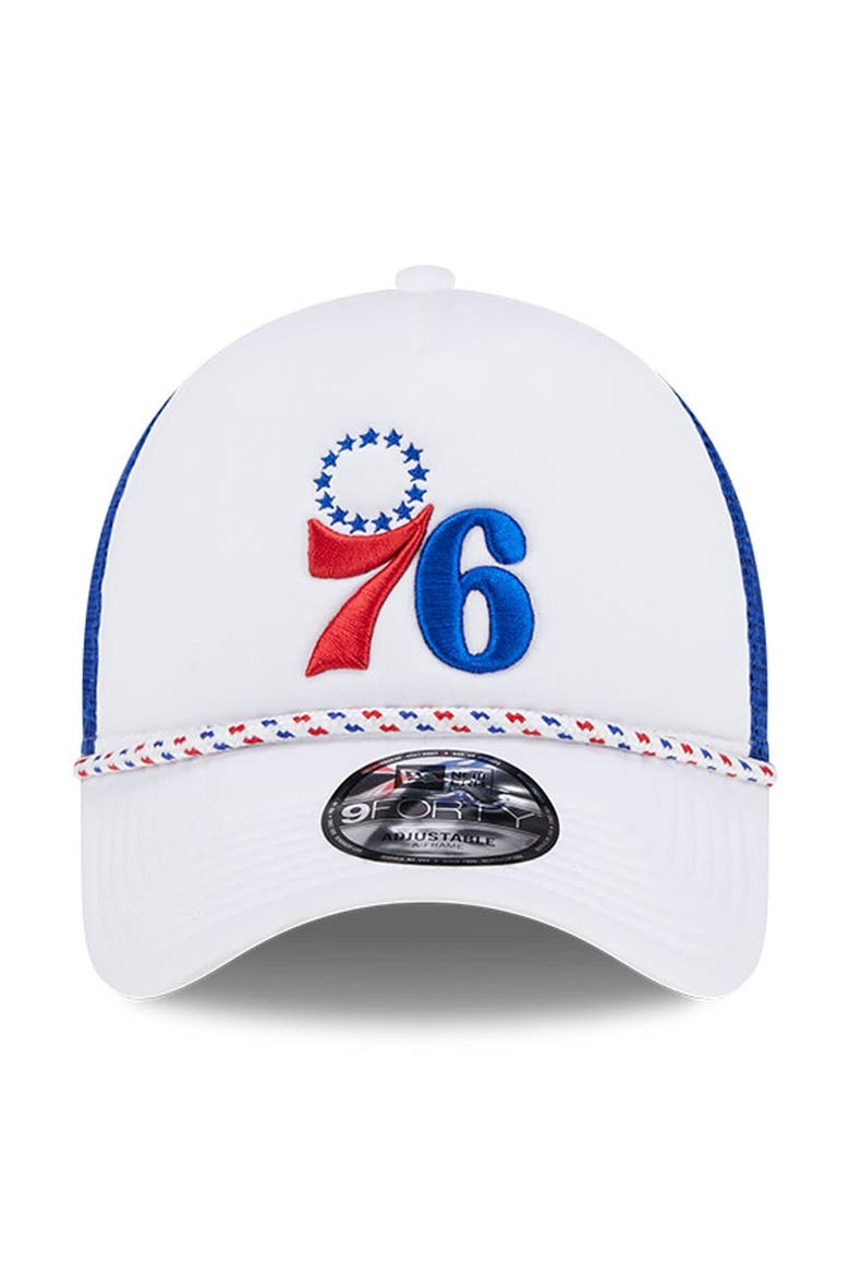 Men's New Era White/Royal Philadelphia 76ers Court Sport Foam A-Frame 9FORTY Adjustable Trucker Hat, Alternate, color, White