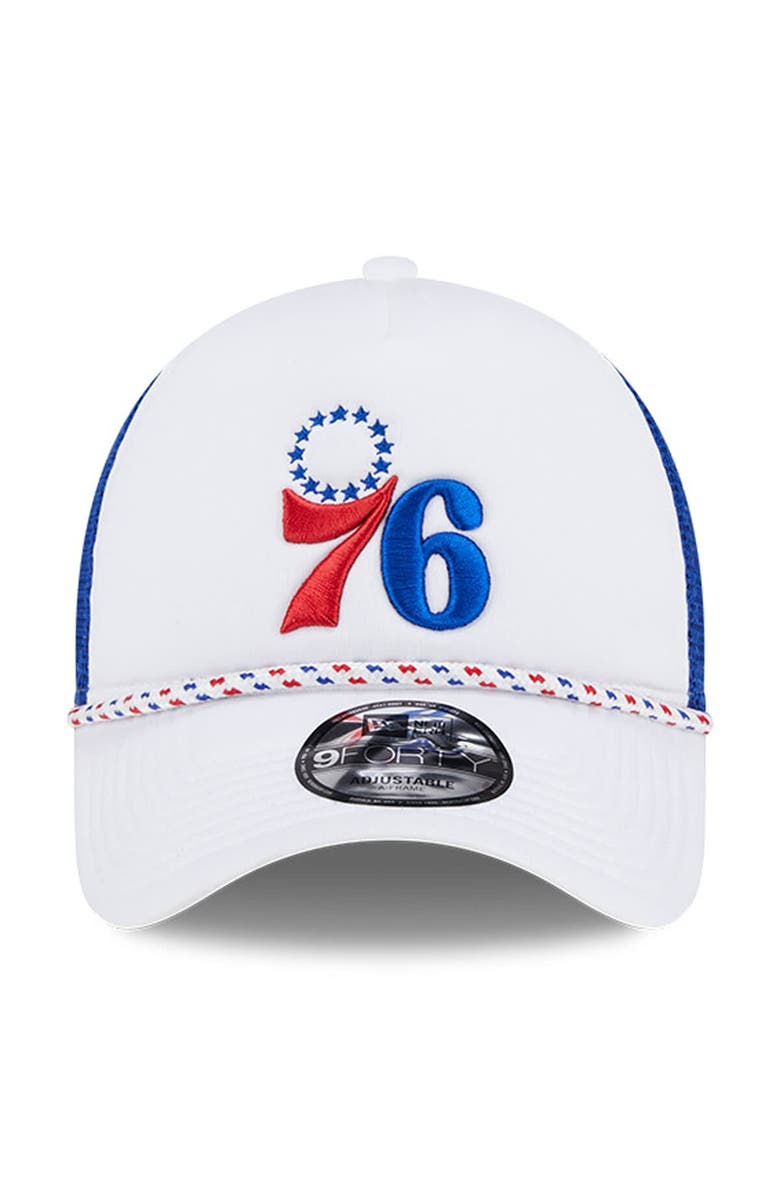 New Era Men's New Era White/Royal Philadelphia 76ers Court Sport Foam A-Frame 9FORTY Adjustable Trucker Hat, Alternate, color, White
