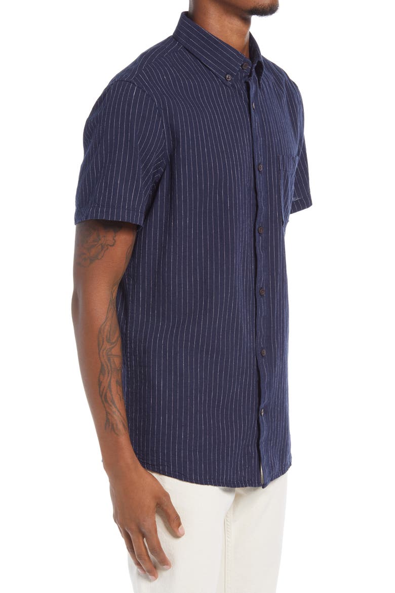 Linen Blend Short Sleeve Button-Down Shirt, Alternate, color, NAVY WHITE PINSTRIPES