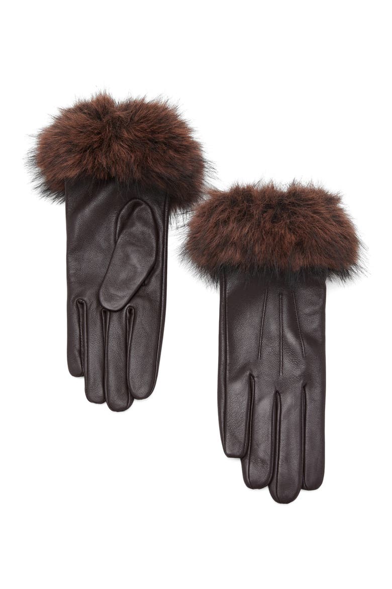 Faux Fur Trim Leather Gloves, Main, color, CHOCOLATE