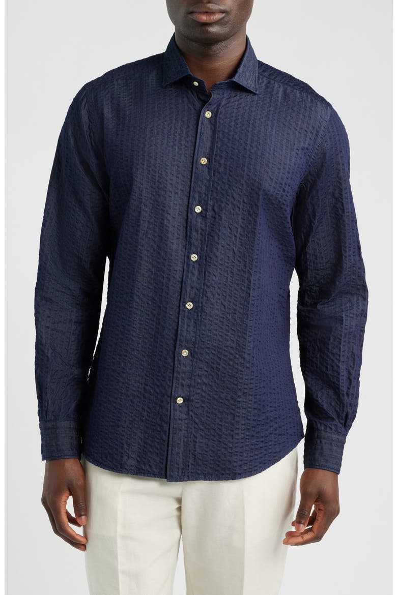 Crinkle Stripe Cotton Denim Button-Up Shirt, Main, color, NAVY