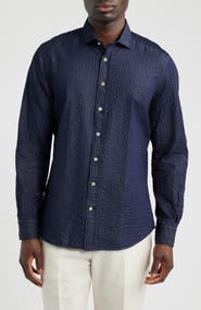 Emanuel Berg Crinkle Stripe Cotton Denim Button-Up Shirt