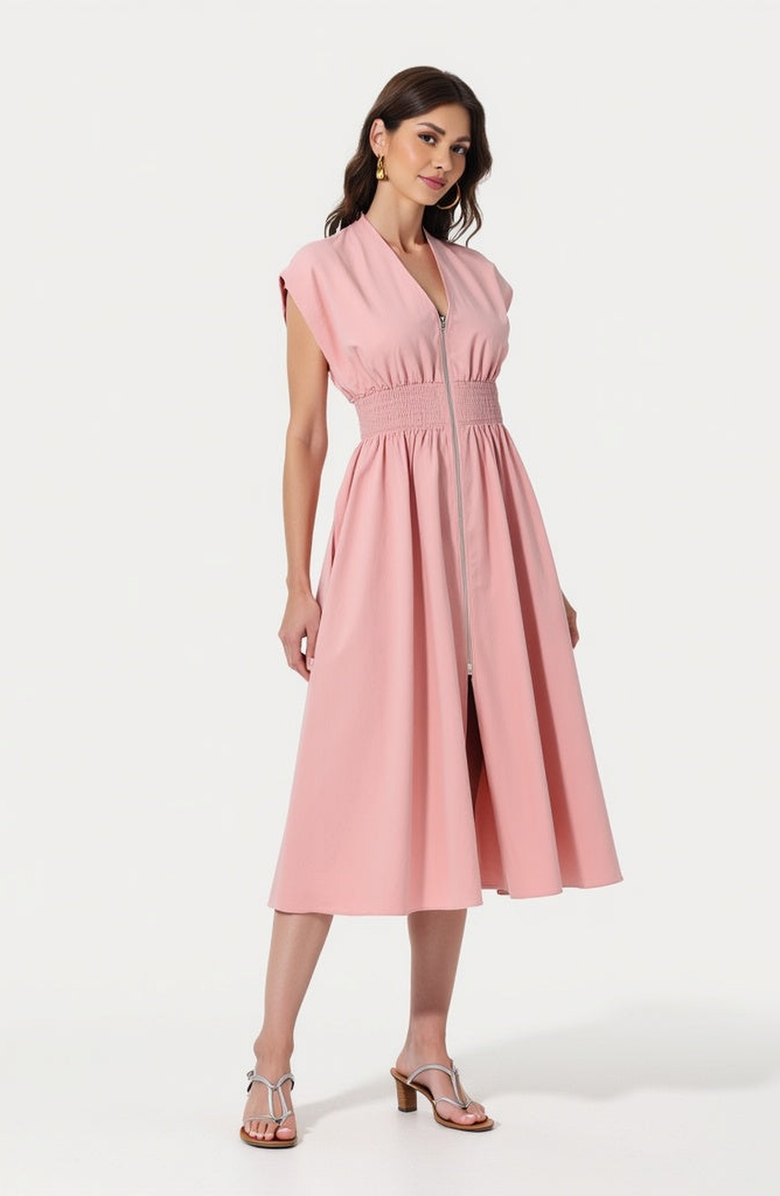 Modenaire Cap Sleeve Midi Dress with Smocked Waist Front Zip and Side Pockets, Alternate, color, Pink