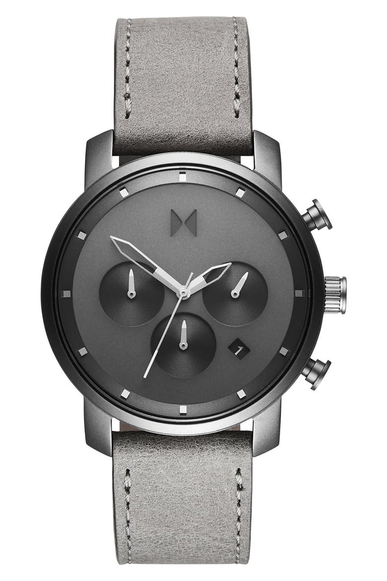 MVMT Mono Chronograph Leather Strap Watch, 40mm, Main, color, GREY/ SILVER