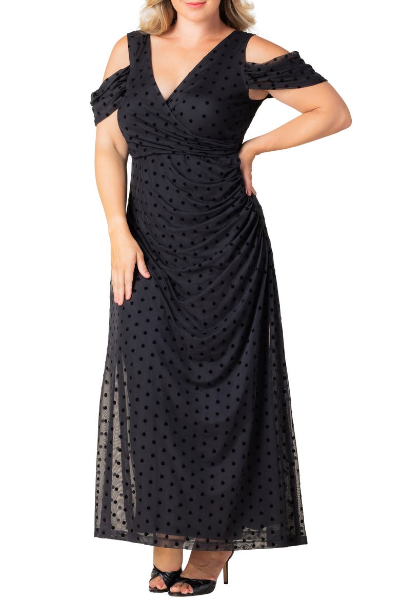 Seraphina Cold Shoulder Mesh Gown, Alternate, color, NOIR DOT