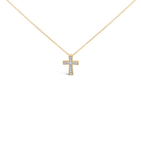 Gold Vermeil Inlay Diamond Accent Cross Pendant Necklace