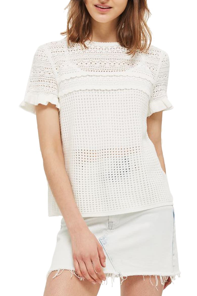 Ruffle Sleeve Pointelle Knit Sweater, Main, color, IVORY