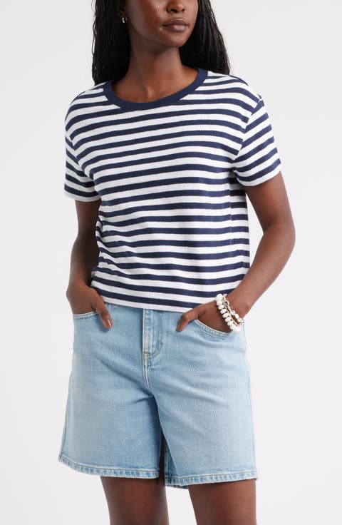 Drop Shoulder Short Sleeve Stripe Cotton Tee