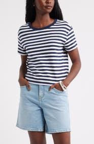 Caslon® Drop Shoulder Short Sleeve Stripe Cotton Tee