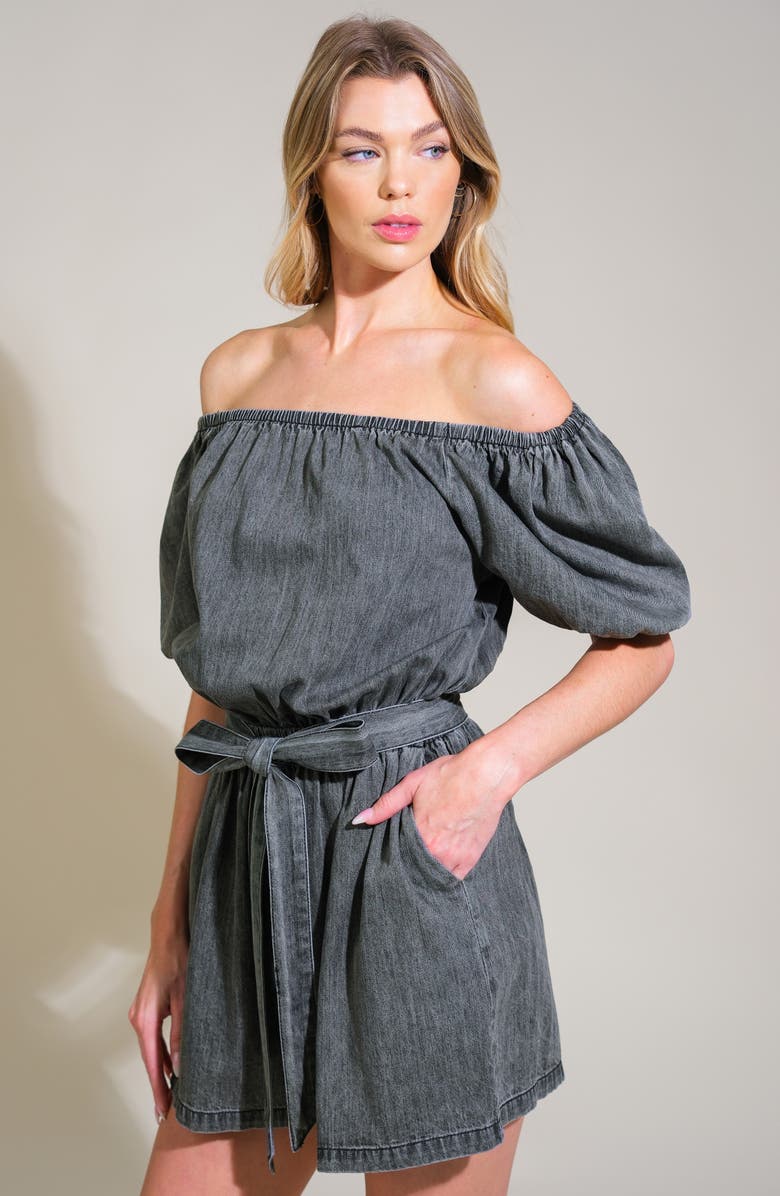 FLYING TOMATO Chambray Off the Shoulder Romper, Alternate, color, Washed Black