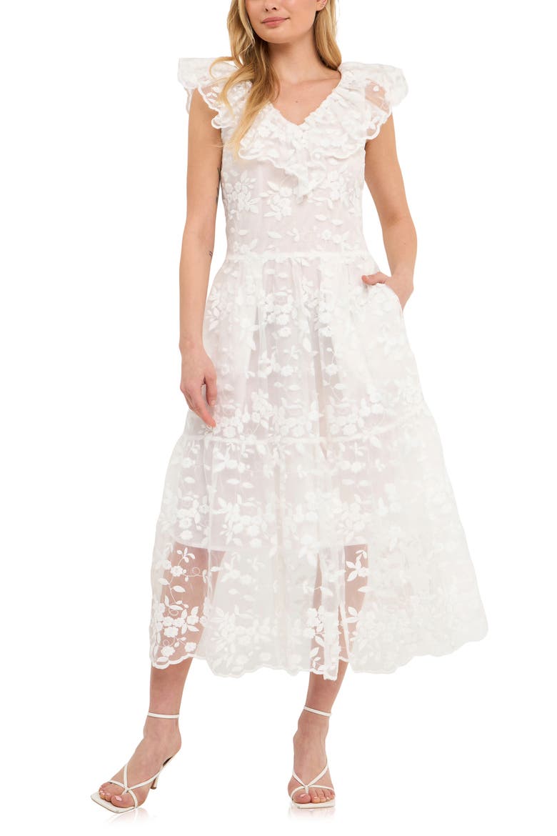 Floral Organza Midi Dress, Alternate, color, OFF WHITE