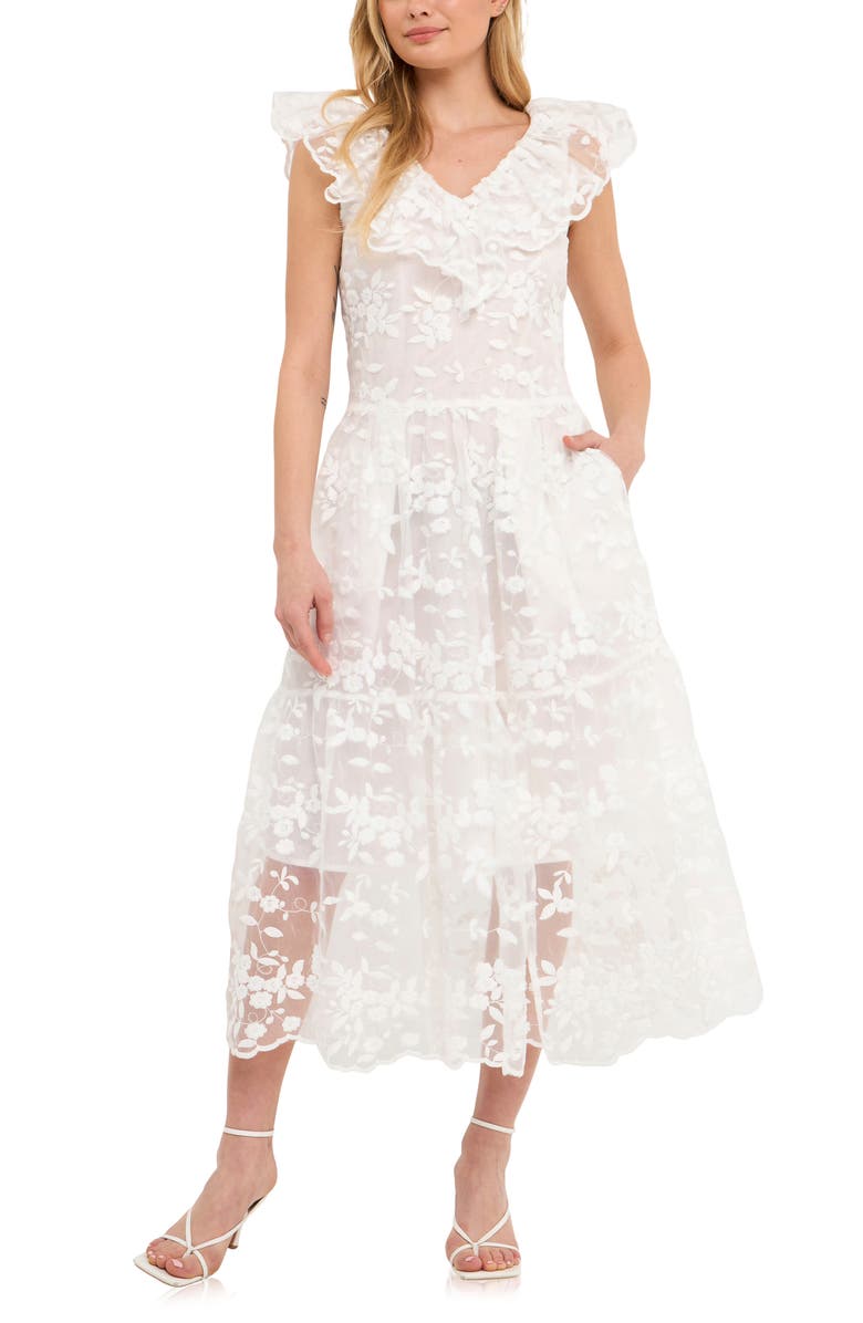 Endless Rose Floral Organza Midi Dress, Alternate, color, Off White