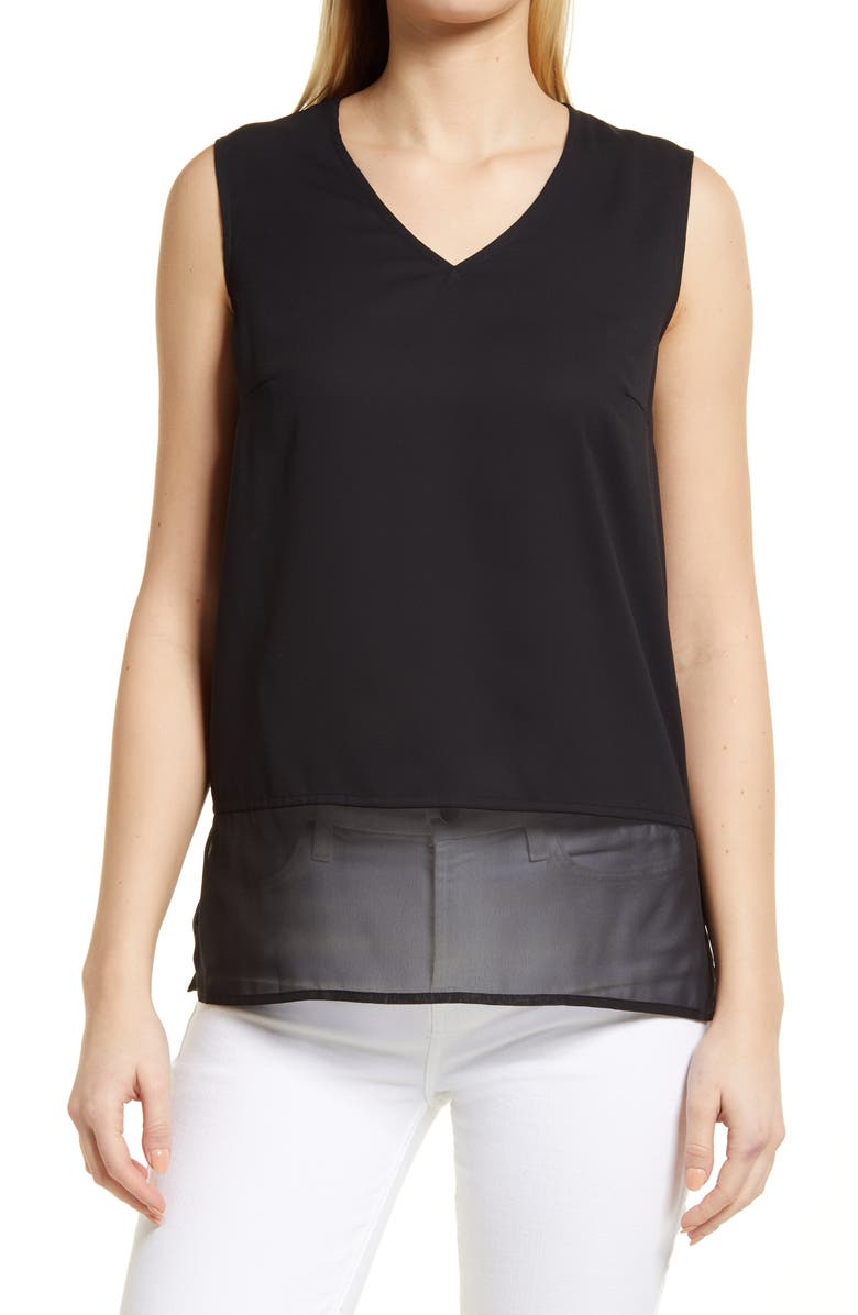 Ming Wang Sheer Hem Crêpe de Chine Tank Top, Main, color, Black