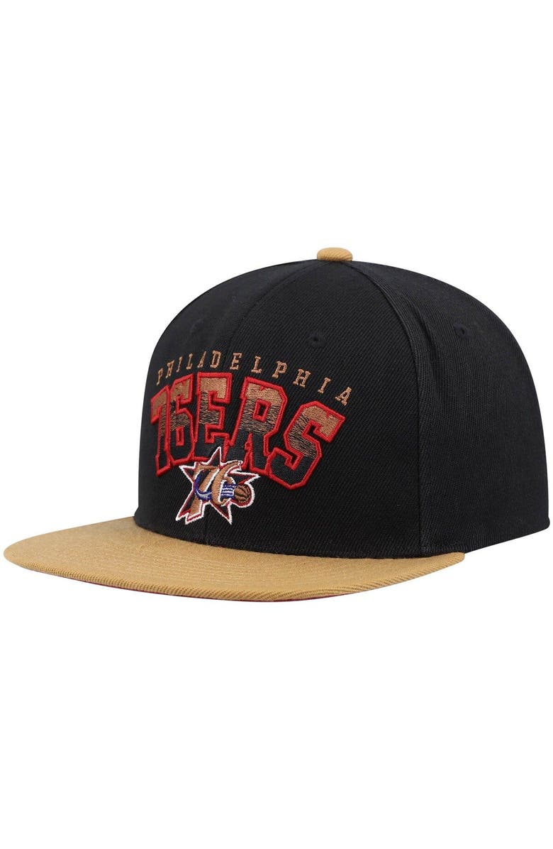 Mitchell & Ness Men's Mitchell & Ness Black/Tan Philadelphia 76ers Hardwood Classics Gradient Wordmark Snapback Hat, Main, color, 