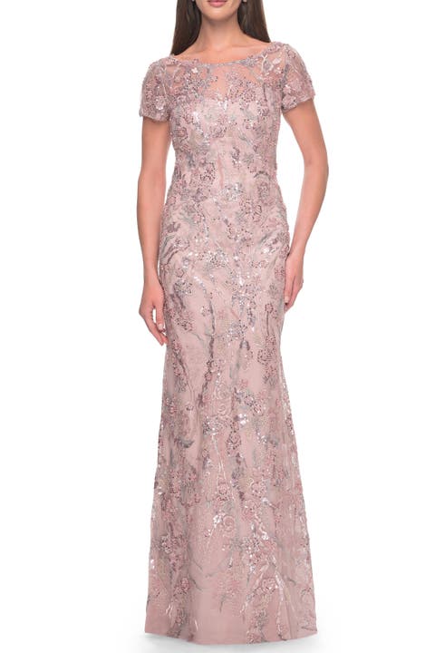 Stunning Beaded Lace Evening Gown with Short Sleeves