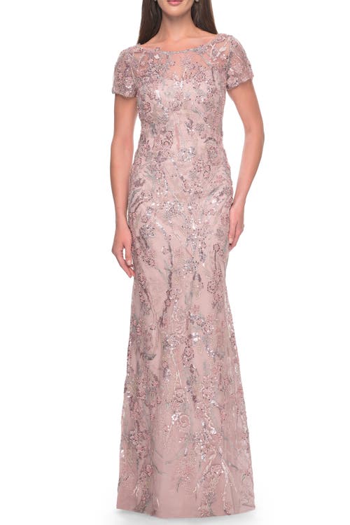 La Femme Stunning Beaded Lace Evening Gown With Short Sleeves