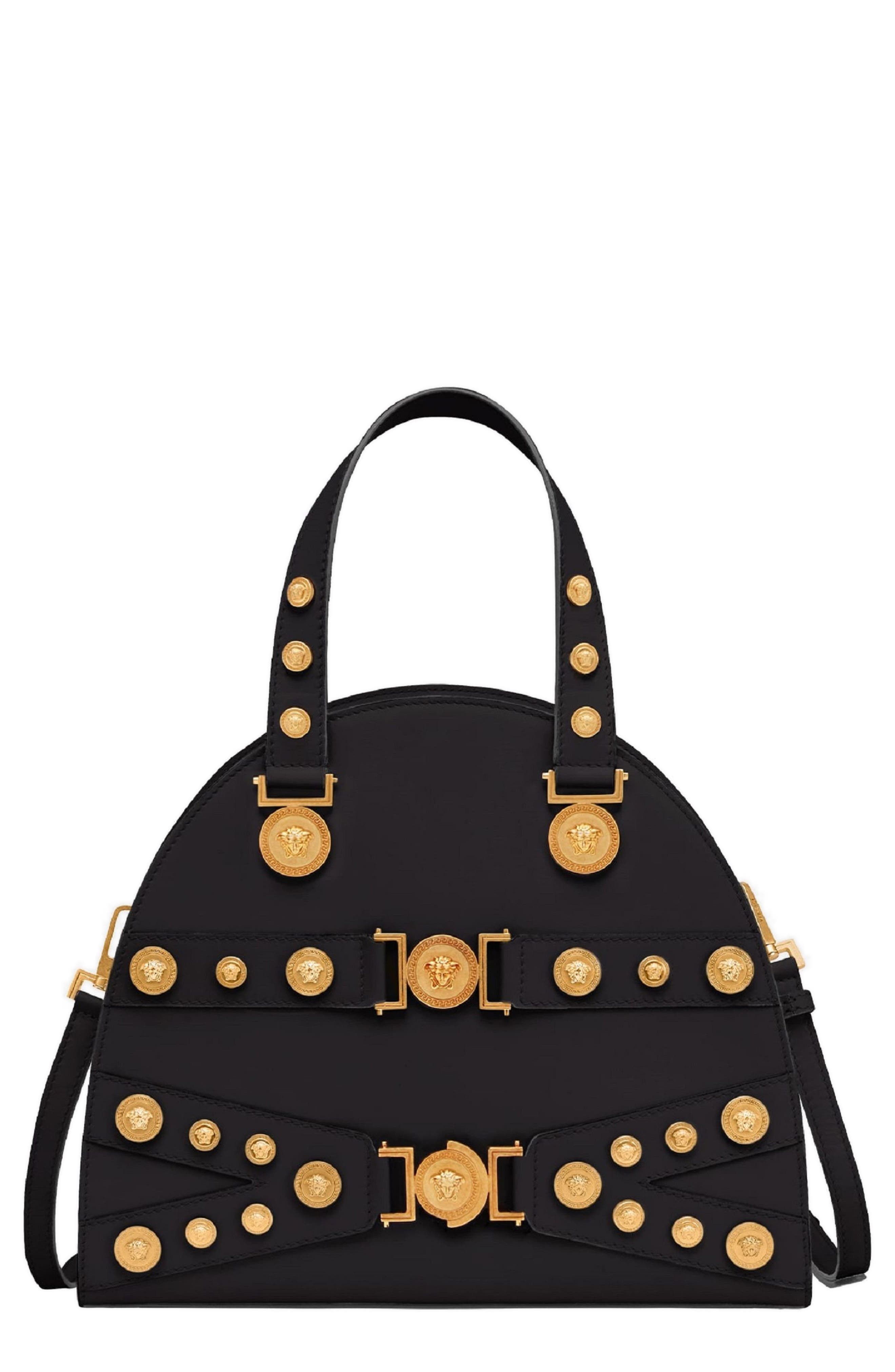 Versace Tribute Studded Leather Satchel, Main, color, 