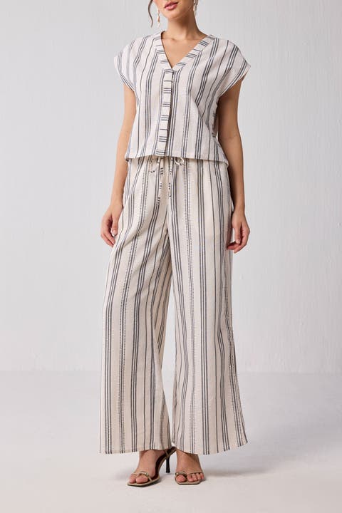 Wide-leg Drawstring Pants in Stripes