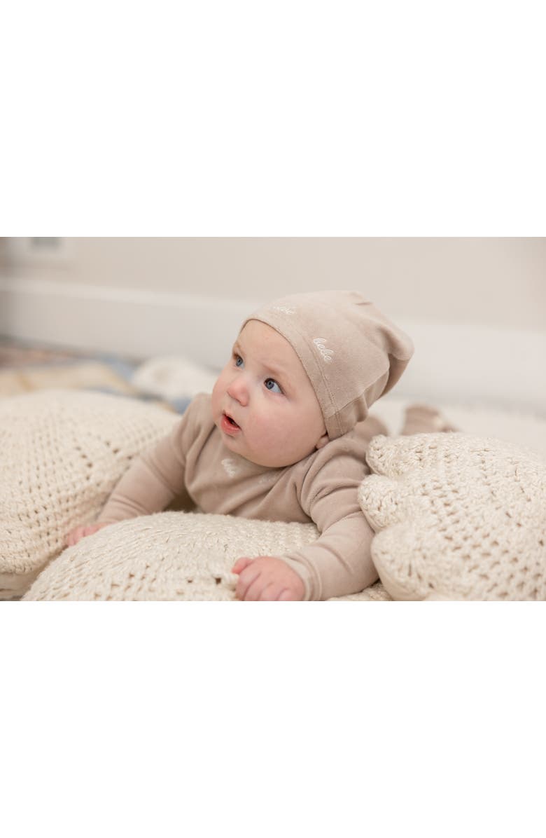 Bebe Bella Bebe Embroidered Velour Romper with Hat, Alternate, color, Beige